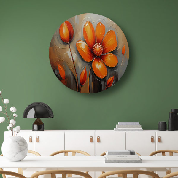 Oranje Bloem Impressie in Olieverf aluminium muurcirkel