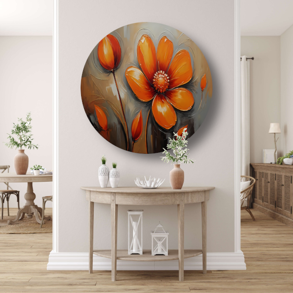 Oranje Bloem Impressie in Olieverf aluminium muurcirkel