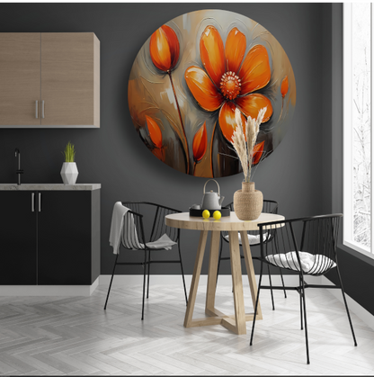 Oranje Bloem Impressie in Olieverf aluminium muurcirkel