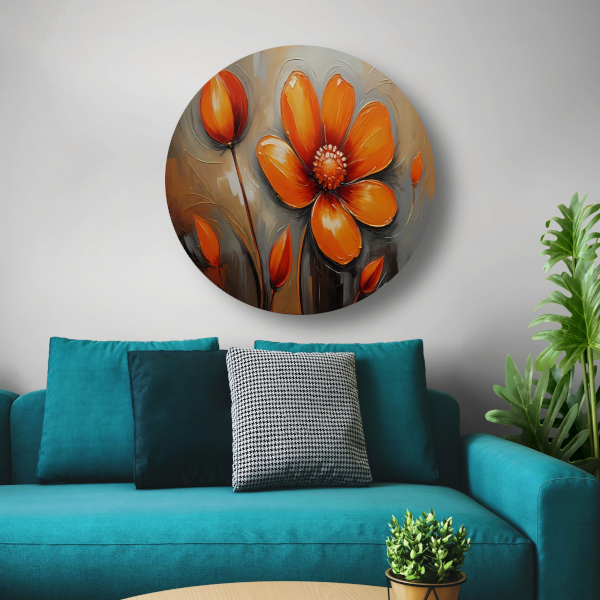Oranje Bloem Impressie in Olieverf aluminium muurcirkel