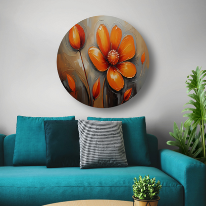 Oranje Bloem Impressie in Olieverf aluminium muurcirkel