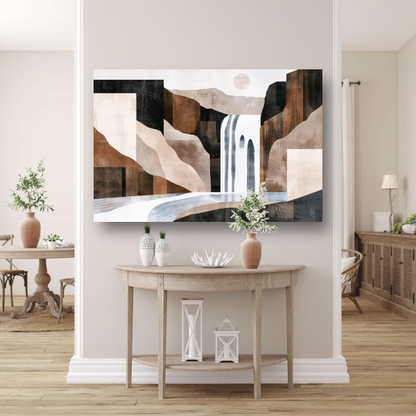 Minimalistische waterval in monochrome aardetinten canvas met baklijst