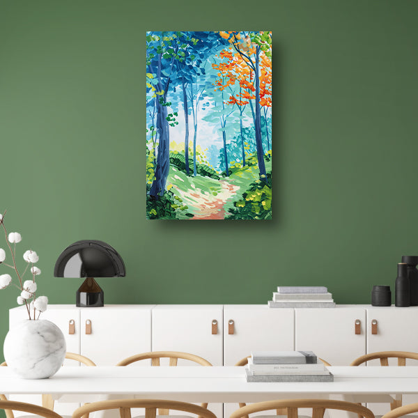 Kleurrijk abstract schilderij van een boslandschap poster