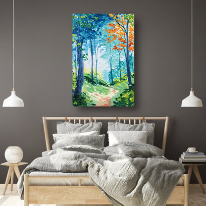 Kleurrijk abstract schilderij van een boslandschap poster