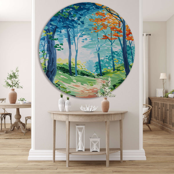 Kleurrijk abstract schilderij van een boslandschap forex muurcirkel