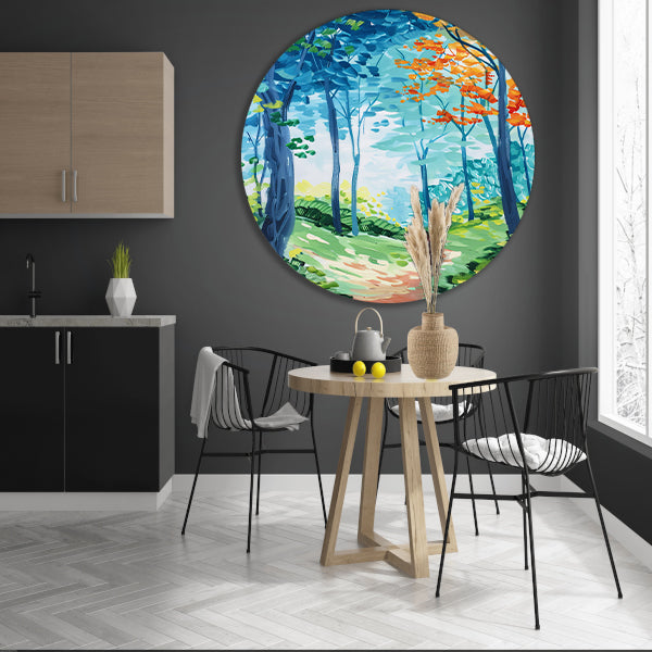 Kleurrijk abstract schilderij van een boslandschap forex muurcirkel