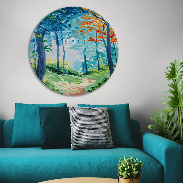 Kleurrijk abstract schilderij van een boslandschap forex muurcirkel