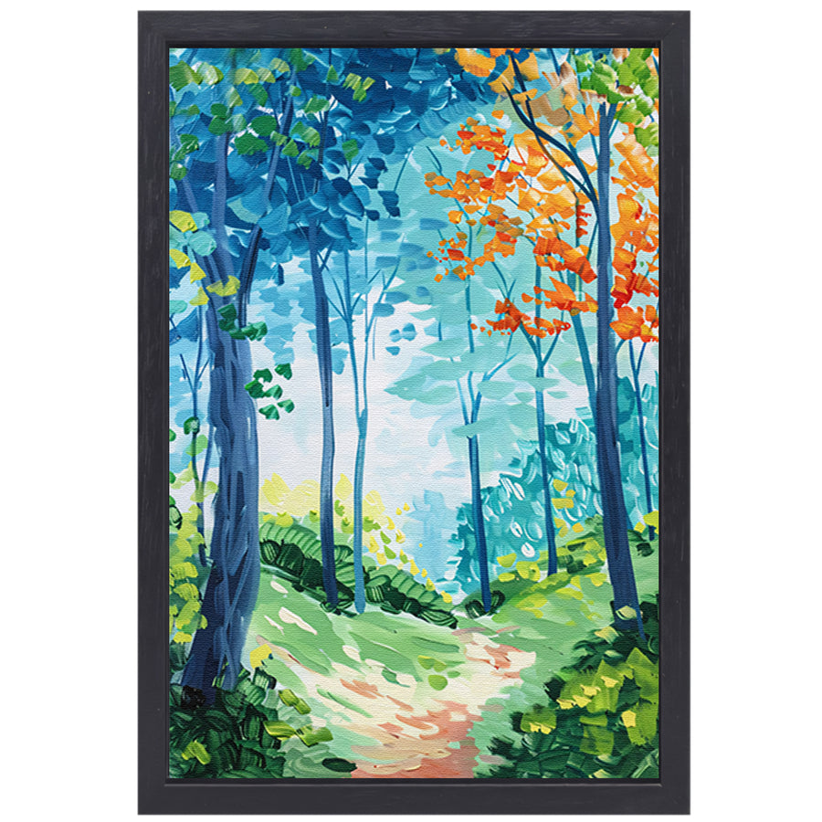 Kleurrijk abstract schilderij van een boslandschap canvas met baklijst
