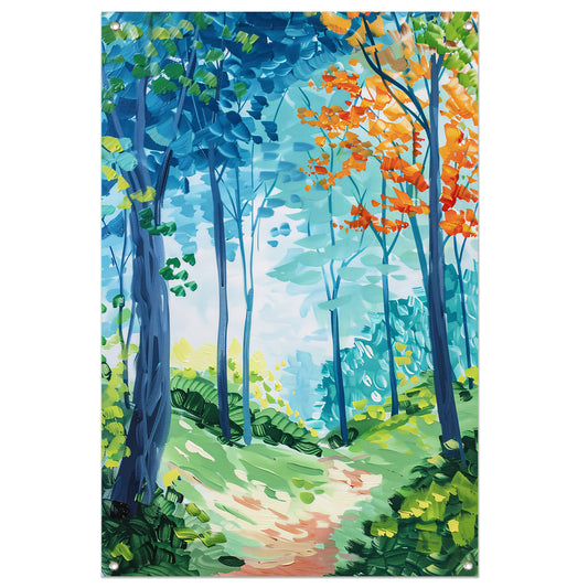 Kleurrijk abstract schilderij van een boslandschap tuinposter
