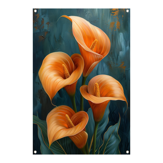 Elegante oranje calla lelies op artistieke achtergrond tuinposter