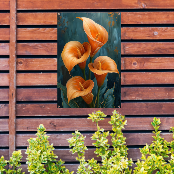 Elegante oranje calla lelies op artistieke achtergrond tuinposter