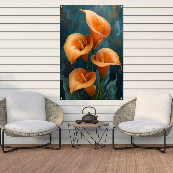 Elegante oranje calla lelies op artistieke achtergrond tuinposter