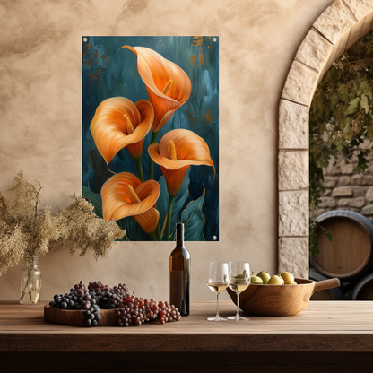 Elegante oranje calla lelies op artistieke achtergrond tuinposter