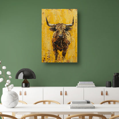 Abstracte schilderij van een stier op geel canvas met baklijst