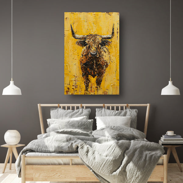 Abstracte schilderij van een stier op geel canvas met baklijst