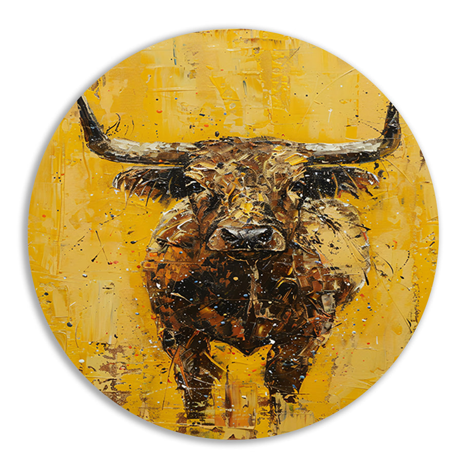Abstracte schilderij van een stier op geel forex muurcirkel