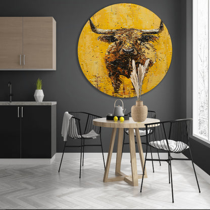 Abstracte schilderij van een stier op geel aluminium muurcirkel
