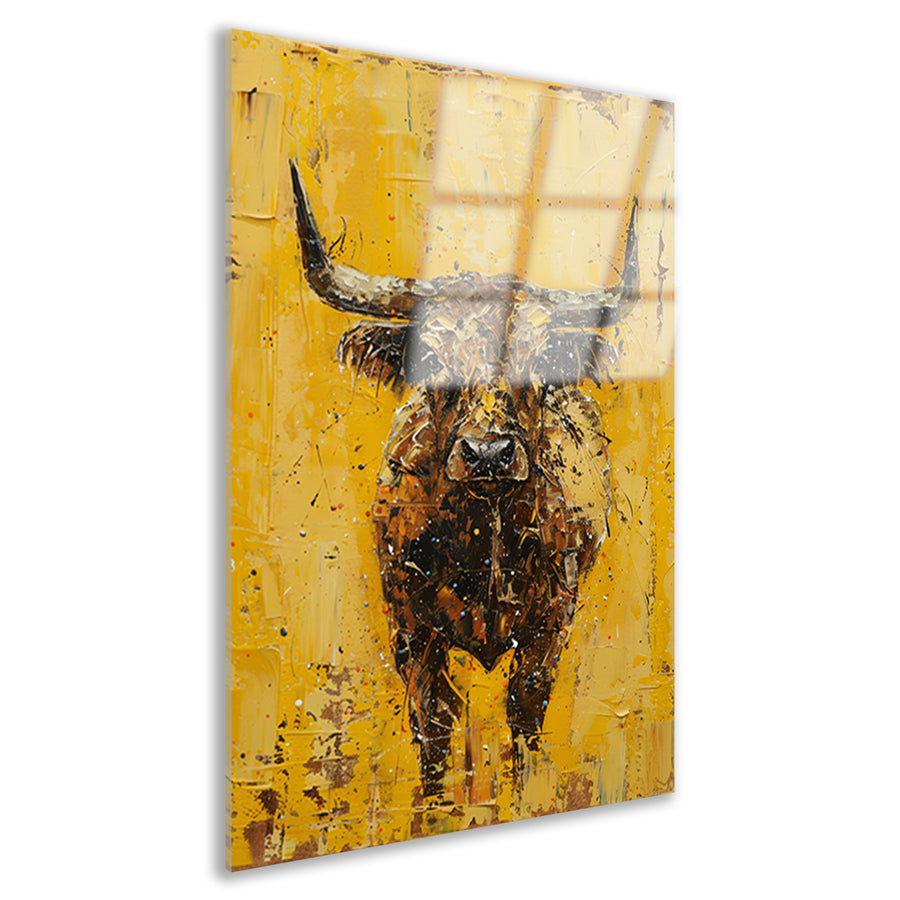 Abstracte schilderij van een stier op geel acrylglas
