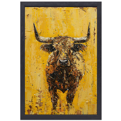 Abstracte schilderij van een stier op geel canvas met baklijst