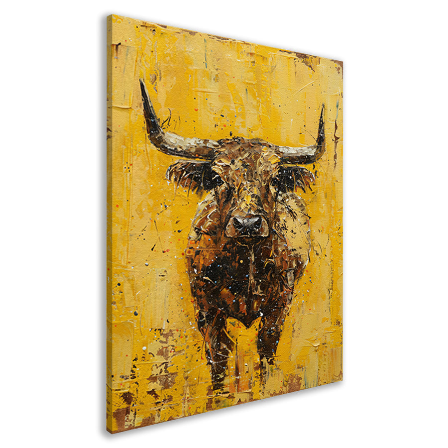 Abstracte schilderij van een stier op geel canvas