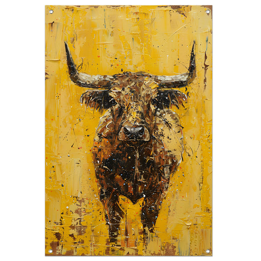 Abstracte schilderij van een stier op geel tuinposter