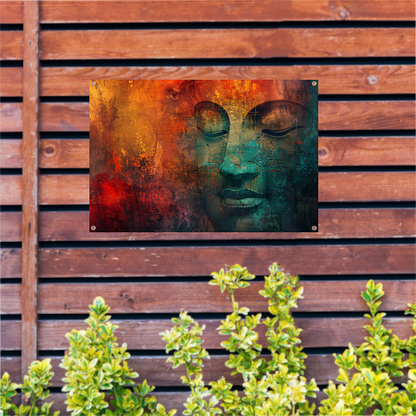 Mysterieus Boeddha portret met kleurrijke texturen tuinposter