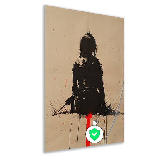 Eenzame vrouwelijke krijger in desolate omgeving poster