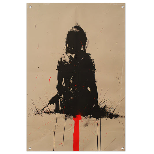 Eenzame vrouwelijke krijger in desolate omgeving tuinposter