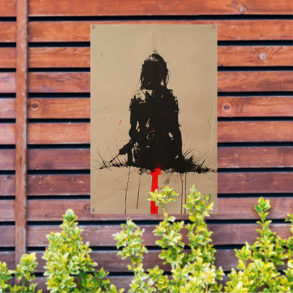 Eenzame vrouwelijke krijger in desolate omgeving tuinposter