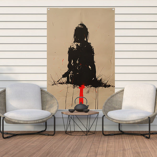 Eenzame vrouwelijke krijger in desolate omgeving tuinposter