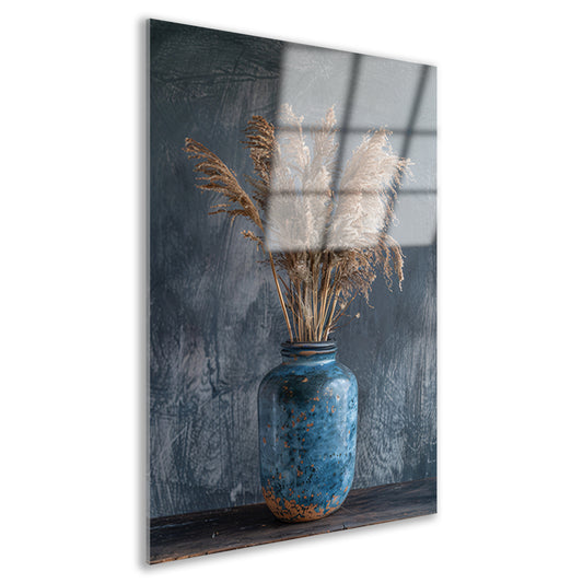 Rustieke blauwe vaas met droogbloemen tegen donkere achtergrond acrylglas