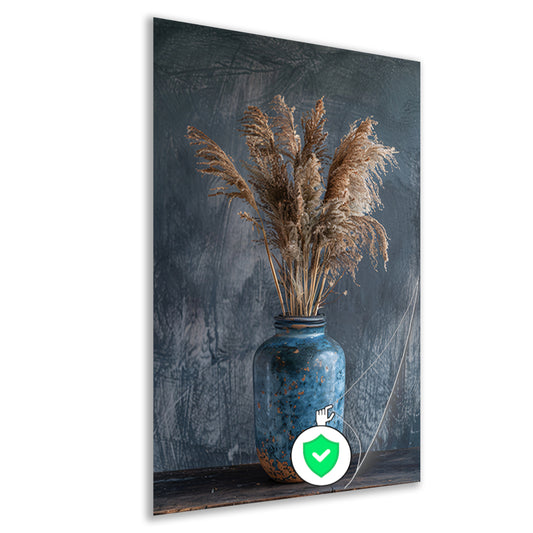 Rustieke blauwe vaas met droogbloemen tegen donkere achtergrond poster