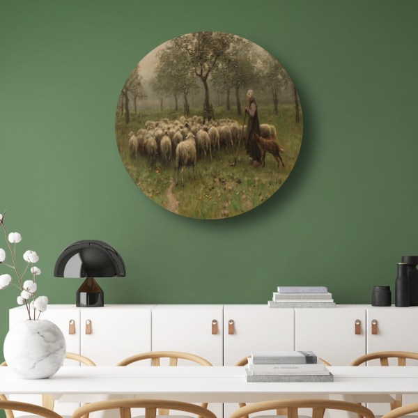 Herderin met kudde schapen - Anton Mauve aluminium muurcirkel