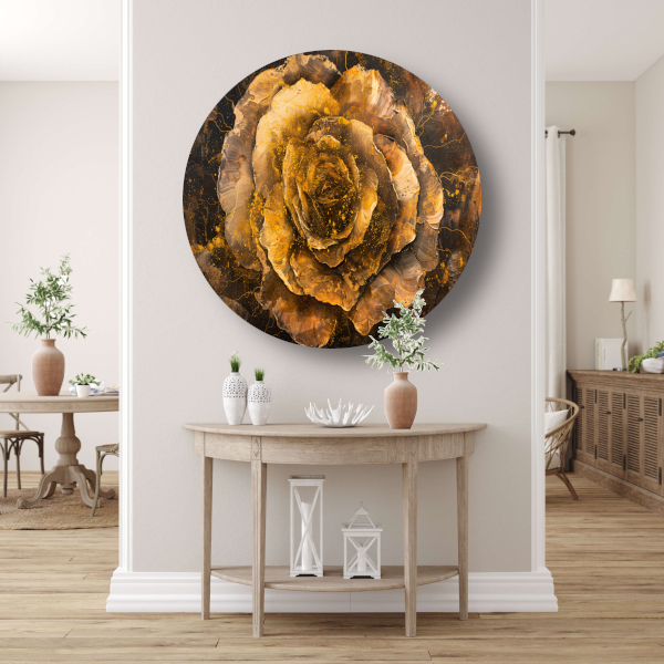 Gouden en Zwarte Abstracte Roos op Schilderij aluminium muurcirkel