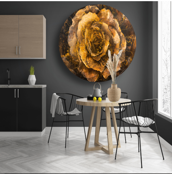 Gouden en Zwarte Abstracte Roos op Schilderij aluminium muurcirkel