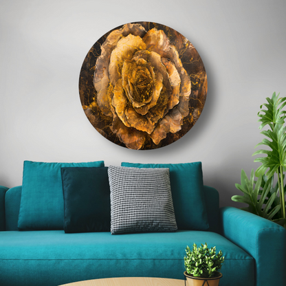 Gouden en Zwarte Abstracte Roos op Schilderij aluminium muurcirkel