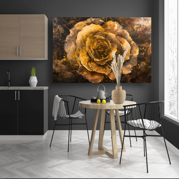 Gouden en Zwarte Abstracte Roos op Schilderij canvas