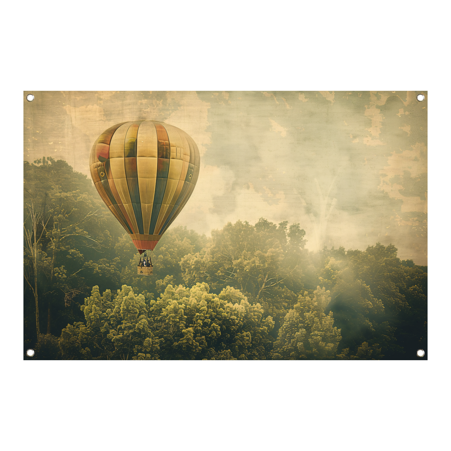 Luchtballon zweeft boven boslandschap tuinposter