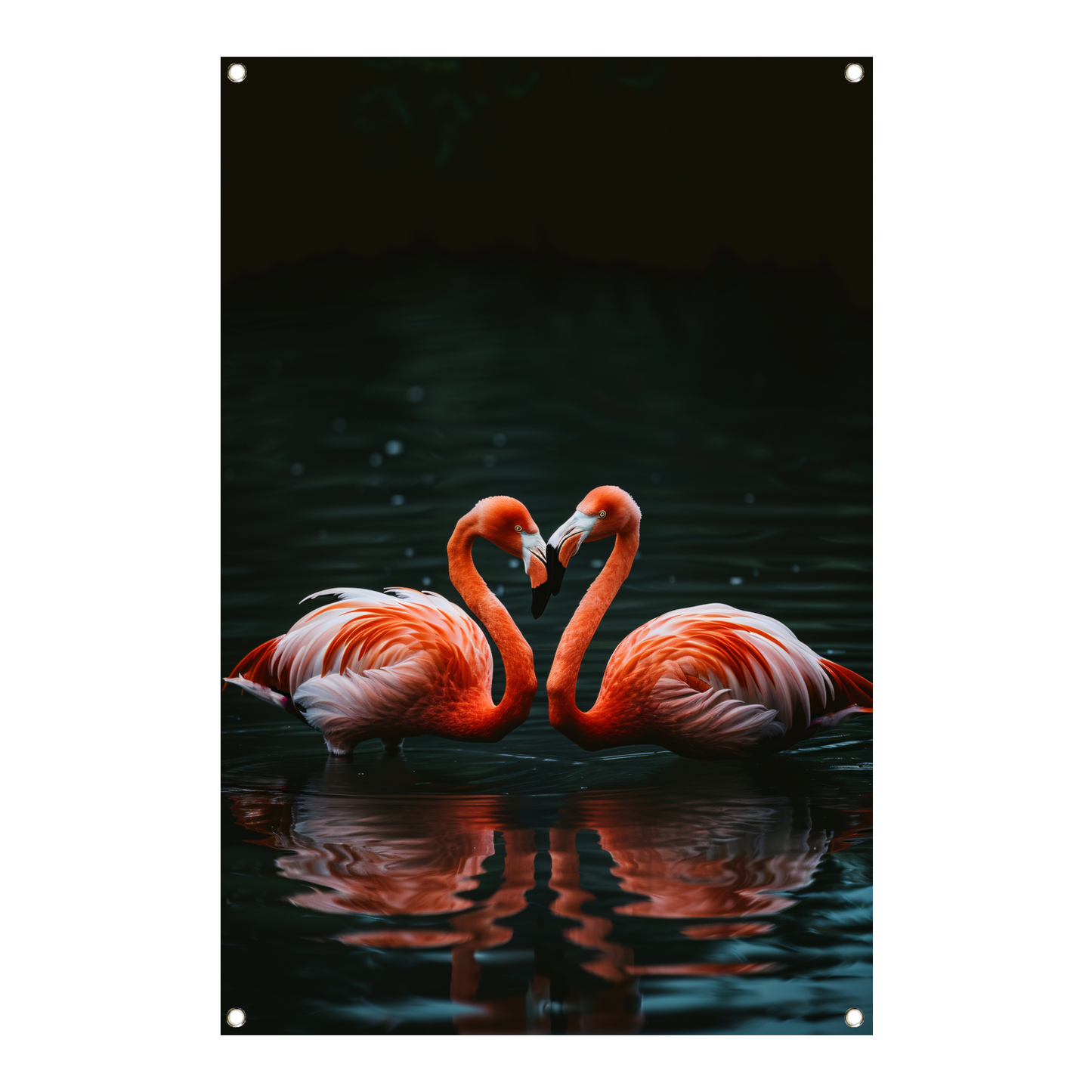 Twee felgekleurde flamingo’s in donkere water tuinposter