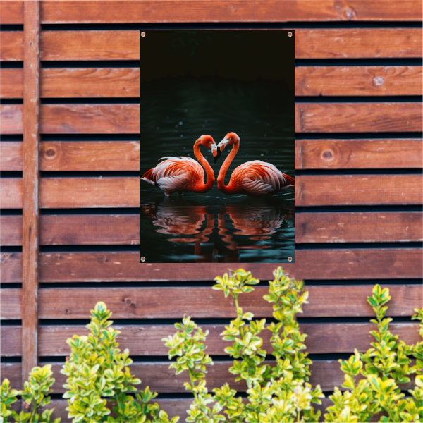 Twee felgekleurde flamingo’s in donkere water tuinposter