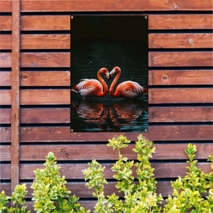 Twee felgekleurde flamingo’s in donkere water tuinposter