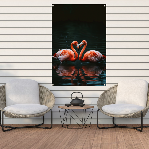 Twee felgekleurde flamingo’s in donkere water tuinposter