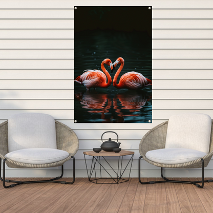 Twee felgekleurde flamingo’s in donkere water tuinposter