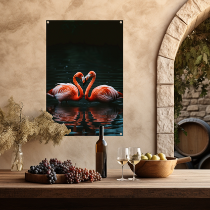 Twee felgekleurde flamingo’s in donkere water tuinposter