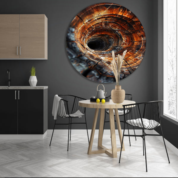 Close-up van een boomstam met draaikolkpatroon aluminium muurcirkel