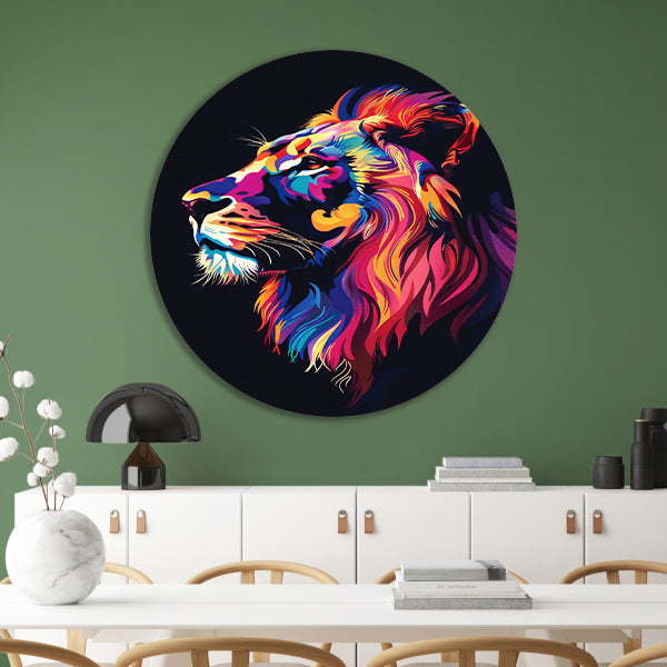 Kleurrijk digitale kunstprint van een leeuw aluminium muurcirkel