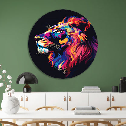 Kleurrijk digitale kunstprint van een leeuw aluminium muurcirkel