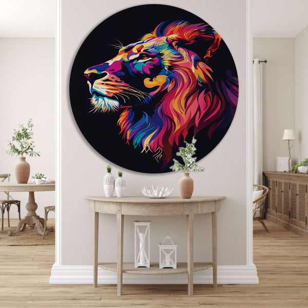 Kleurrijk digitale kunstprint van een leeuw aluminium muurcirkel