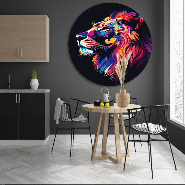 Kleurrijk digitale kunstprint van een leeuw aluminium muurcirkel