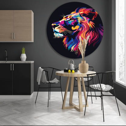 Kleurrijk digitale kunstprint van een leeuw aluminium muurcirkel